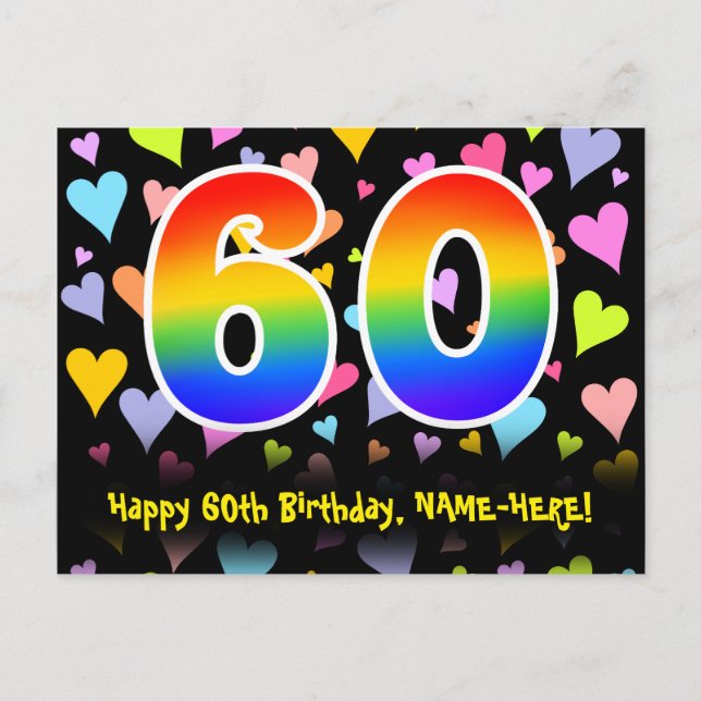 Carte Postale 60e anniversaire : motif de cœurs amusants, arc-en (Devant)