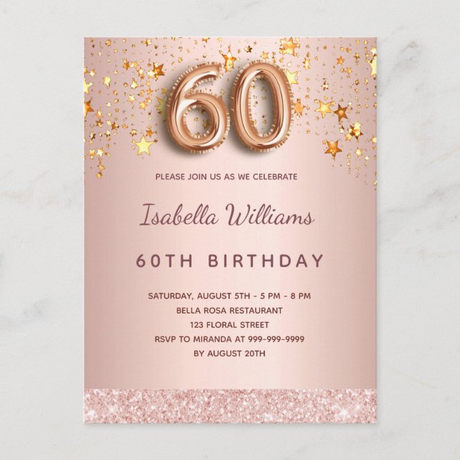 Carte Postale 60e anniversaire rose or rose étoiles script ballo (Devant)