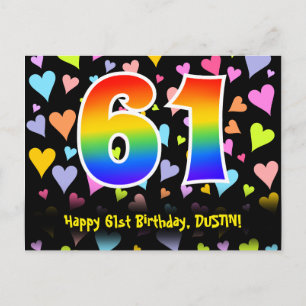 Carte Postale 61e anniversaire : motif de cœurs amusants, arc-en