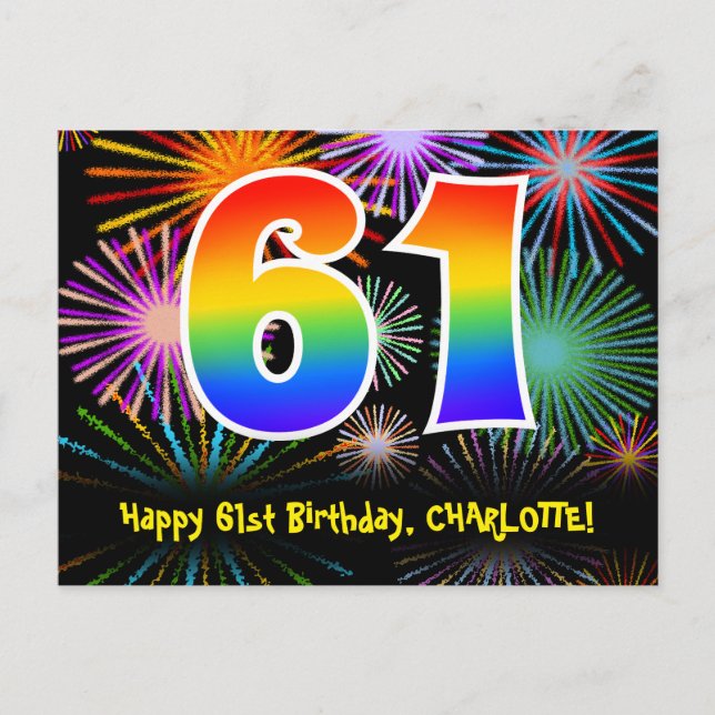 Carte Postale 61e Anniversaire – Motif de feux d'artifice amusan (Devant)