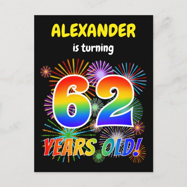 Carte Postale 62e anniversaire - Fun Fireworks, Rainbow Look "62 (Devant)