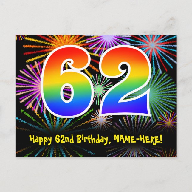 Carte Postale 62e Anniversaire – Motif de feux d'artifice amusan (Devant)