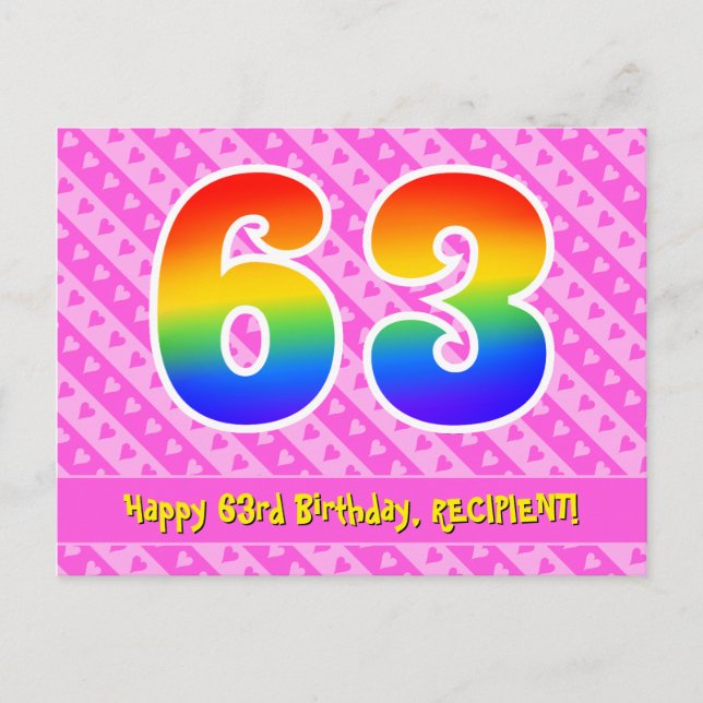Carte Postale 63e anniversaire : Pink Stripes & Hearts, Arc en c (Devant)