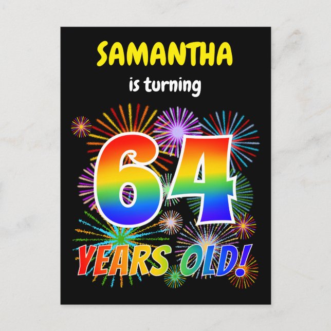 Carte Postale 64e anniversaire - Fun Fireworks, Rainbow Look "64 (Devant)