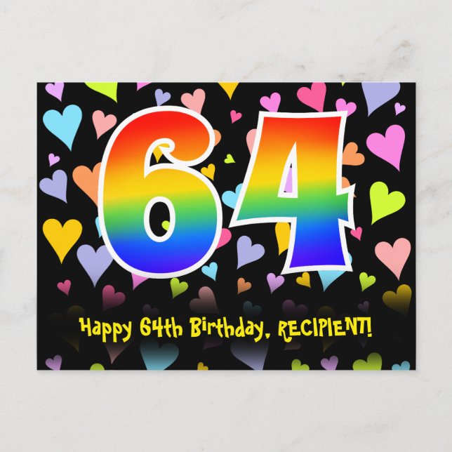 Carte Postale 64e Anniversaire : motif coeurs amusants, arc-en-c (Devant)