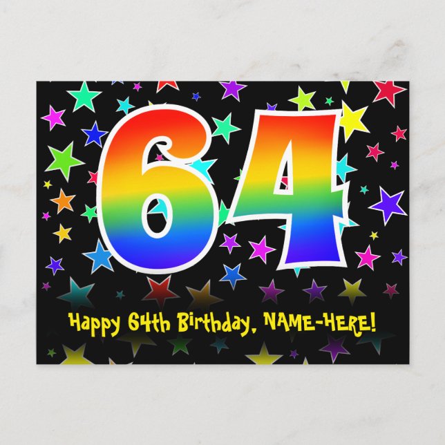 Carte Postale 64e Anniversaire : Motif Étoiles Amusantes, Arc-en (Devant)