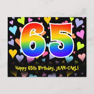 Carte Postale 65e anniversaire : motif coeurs amusants, arc-en-c