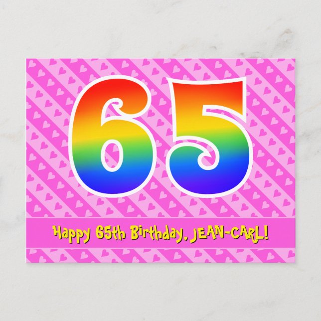 Carte Postale 65e anniversaire : Rayures roses et cœurs, 65 arc- (Devant)