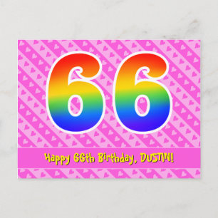Carte Postale 66e Anniversaire : Rayures roses et cœurs, Arc-en-