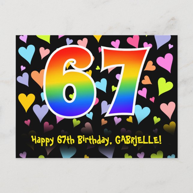 Carte Postale 67e anniversaire : motif coeurs amusants, arc-en-c (Devant)