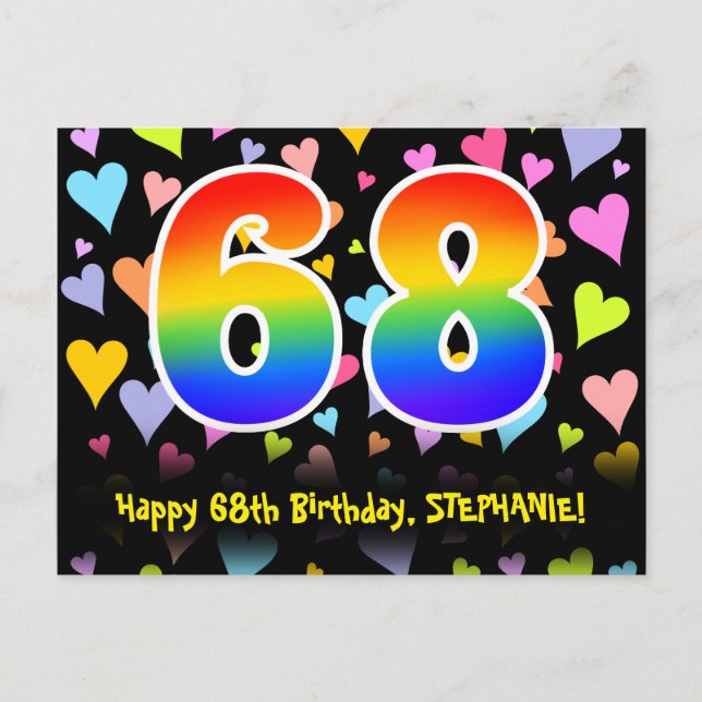 Carte Postale 68e anniversaire : motif de cœurs amusants, arc-en (Devant)