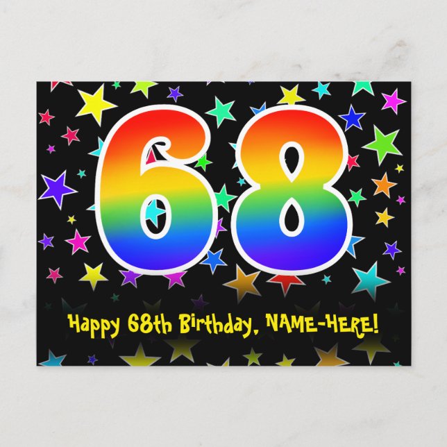 Carte Postale 68e Anniversaire : Motif Étoiles Amusantes, Arc-en (Devant)