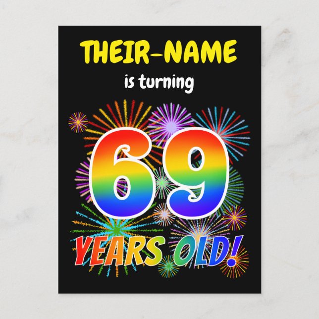Carte Postale 69e anniversaire - Fun Fireworks, Rainbow Look "69 (Devant)