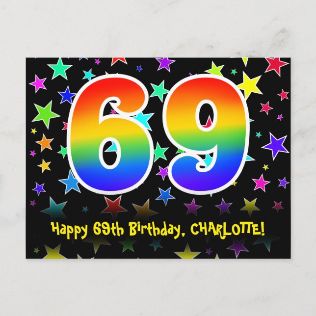 Carte Postale 69e anniversaire : Fun Stars Motif, Rainbow 69, No (Devant)