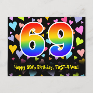 Carte Postale 69e anniversaire : motif coeurs amusants, arc-en-c