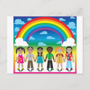 Carte Postale 6 enfants heureux sous un arc-en-ciel avec un dos