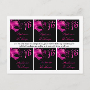 Carte Postale 6 Favour Tags Sweet 16 Hot rose Black Party Masque