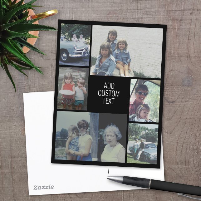 Carte Postale 6 photo collage - arrière - plan noir - texte blan (6 Photo Personalized Photo collage Postcard)