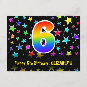 Carte Postale 6e anniversaire : Fun Stars Motif, Rainbow 6, Nom