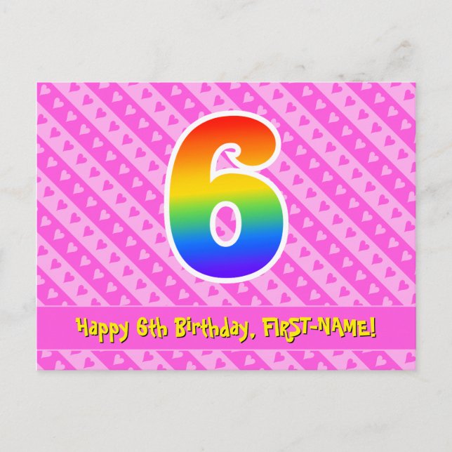 Carte Postale 6e anniversaire : Pink Stripes & Hearts, Rainbow 6 (Devant)