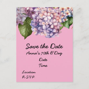 Carte Postale 70e anniversaire avec des fleurs d'hortensia rose