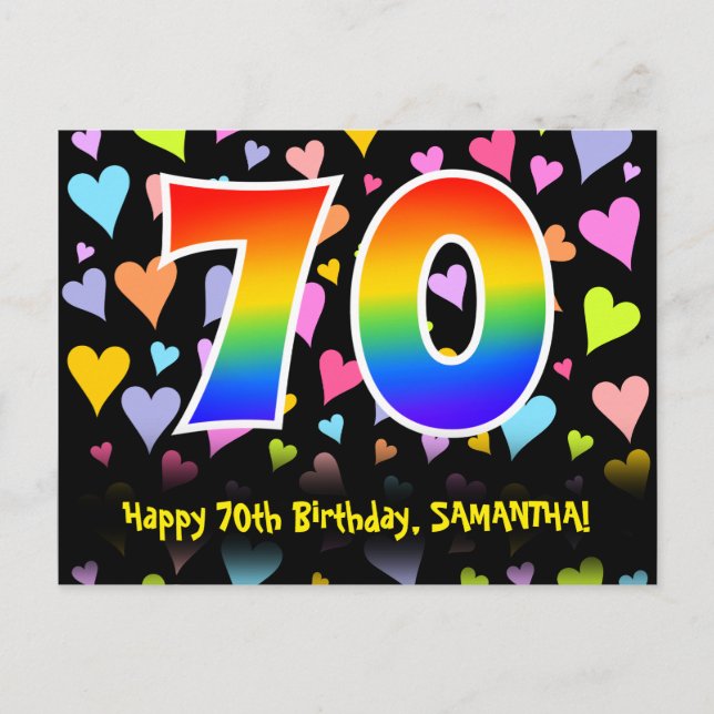 Carte Postale 70e Anniversaire : Motif coeurs amusants, Arc-en-c (Devant)