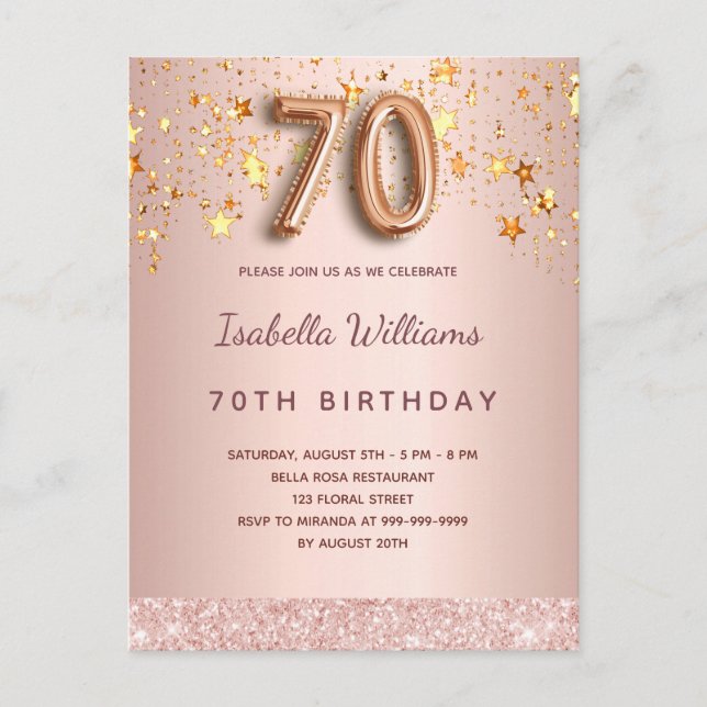 Carte Postale 70e anniversaire rose or rose étoiles script ballo (Devant)