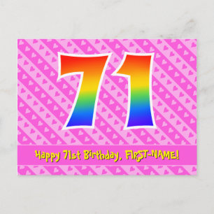 Carte Postale 71e anniversaire : rayures roses et cœurs, arc-en-