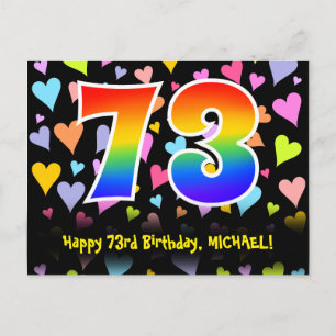 Carte Postale 73e anniversaire : motif de cœurs amusants, arc-en