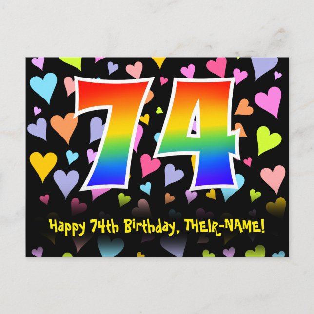 Carte Postale 74e anniversaire : Fun Hearts Motif, Rainbow 74 (Devant)