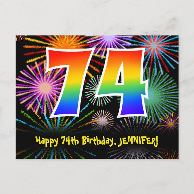 Carte Postale 74e Anniversaire – Motif de feux d'artifice amusan (Devant)