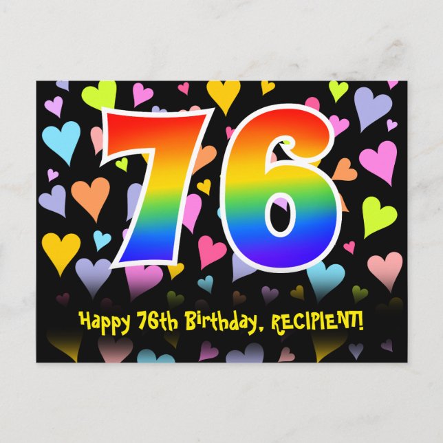 Carte Postale 76e anniversaire : Fun Hearts Motif, Arc-en-ciel 7 (Devant)