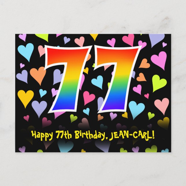 Carte Postale 77e anniversaire : Fun Hearts Motif, Rainbow 77 (Devant)
