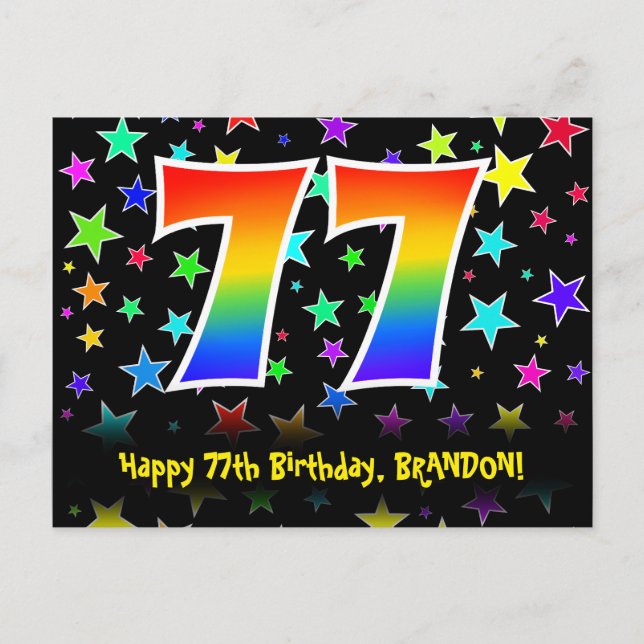 Carte Postale 77e Anniversaire : motif d'étoiles amusantes, arc- (Devant)