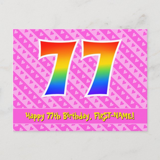 Carte Postale 77e anniversaire : Pink Stripes & Hearts, Rainbow  (Devant)