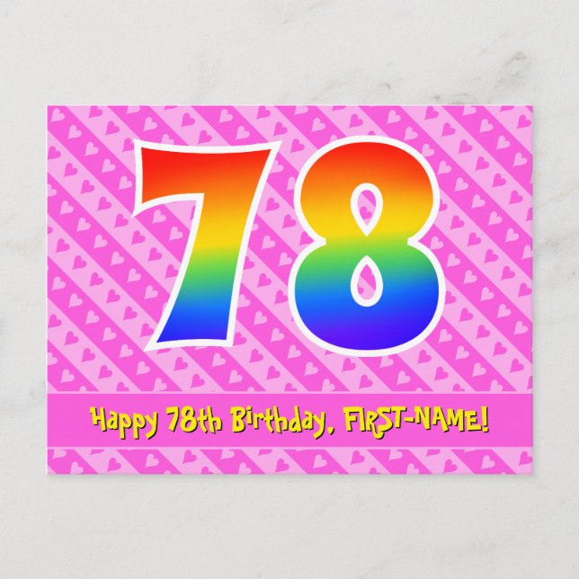 Carte Postale 78e anniversaire : Pink Stripes & Hearts, Rainbow  (Devant)