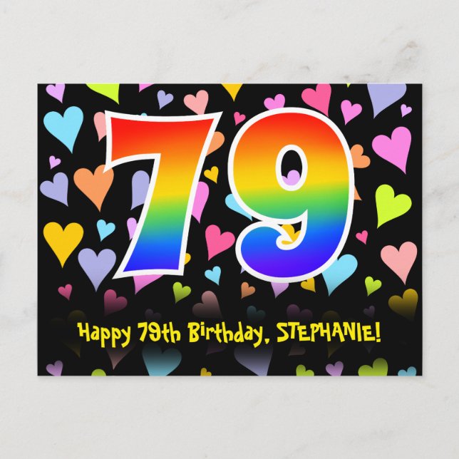 Carte Postale 79e anniversaire : Fun Hearts Motif, Rainbow 79 (Devant)