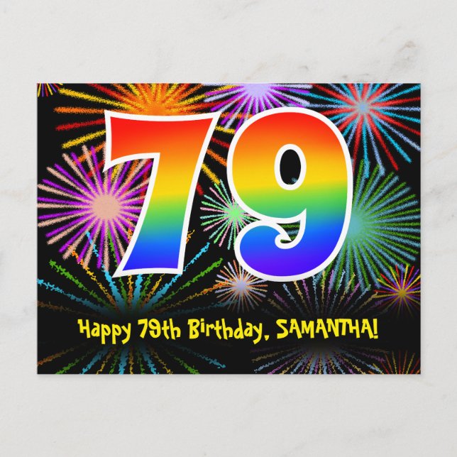 Carte Postale 79e anniversaire - Fun Motif Fireworks + Rainbow 7 (Devant)