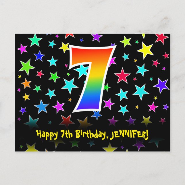 Carte Postale 7e anniversaire : Fun Stars Motif, Rainbow 7, Nom (Devant)