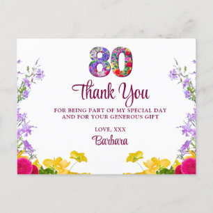 Carte Postale 80e anniversaire floral merci moderne fête 80 ans