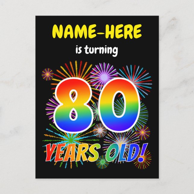 Carte Postale 80e anniversaire - Fun Fireworks, Rainbow Look "80 (Devant)