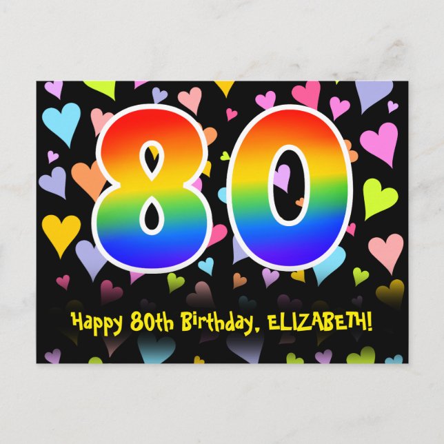 Carte Postale 80e anniversaire : Fun Hearts Motif, Arc-en-ciel 8 (Devant)