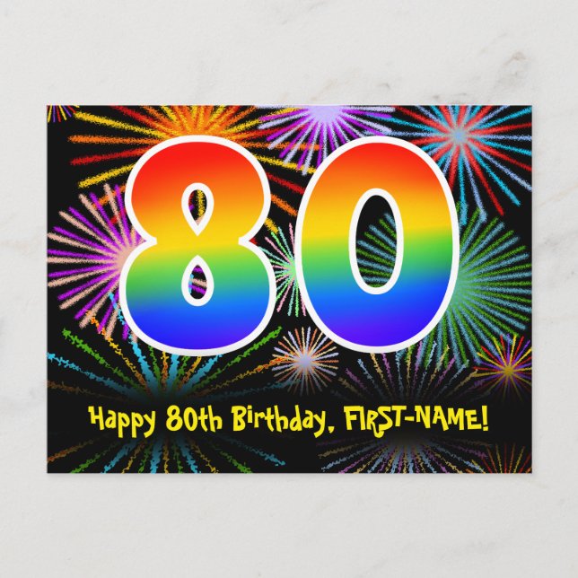 Carte Postale 80e Anniversaire – Motif de feux d'artifice amusan (Devant)