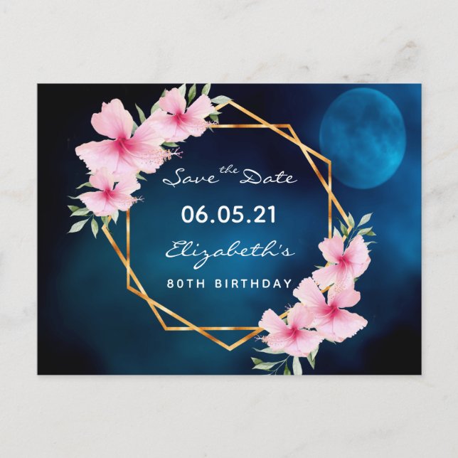 Carte Postale 80e anniversaire Save the Date tropical bleu lune (Devant)