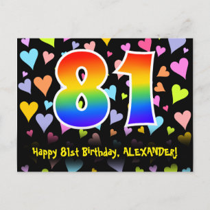 Carte Postale 81e anniversaire : motif coeurs amusants, arc-en-c
