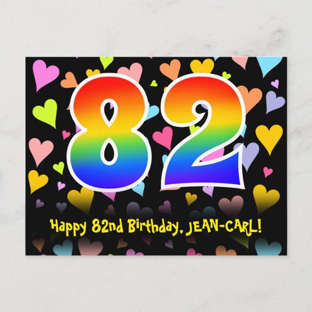 Carte Postale 82e anniversaire : Fun Hearts Motif, Arc-en-ciel 8 (Devant)