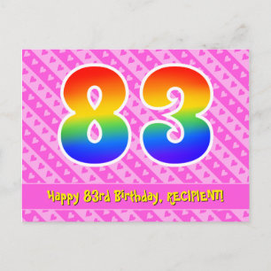 Carte Postale 83e Anniversaire : Rayures roses & Cœurs, Arc-en-c