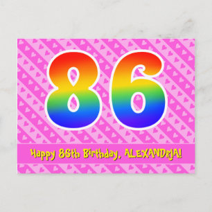 Carte Postale 86e anniversaire : rayures roses et cœurs, arc-en-