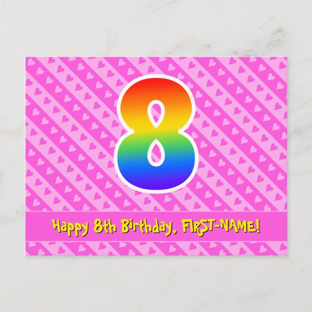 Carte Postale 8e anniversaire : Pink Stripes & Hearts, Rainbow 8 (Devant)
