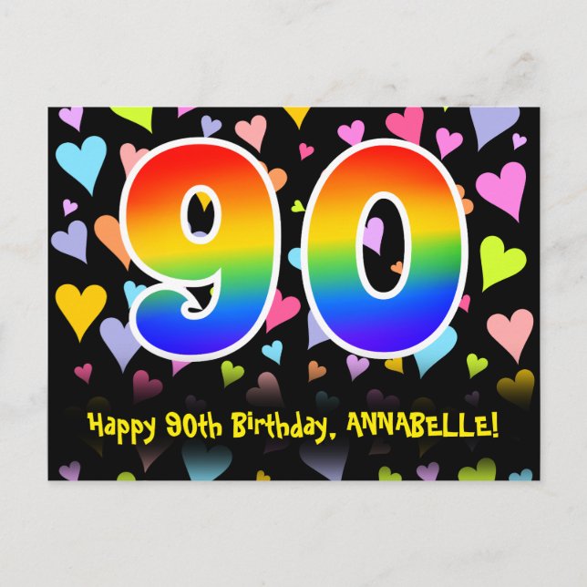 Carte Postale 90e anniversaire : Fun Hearts Motif, Arc-en-ciel 9 (Devant)